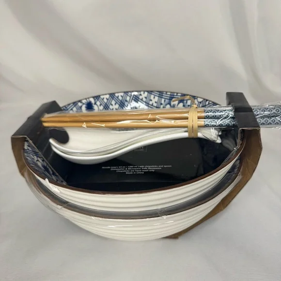 SH Home Blue Cherry Blossom Noodle Bowl with Chopsticks & Spoons - Picture 2 of 5